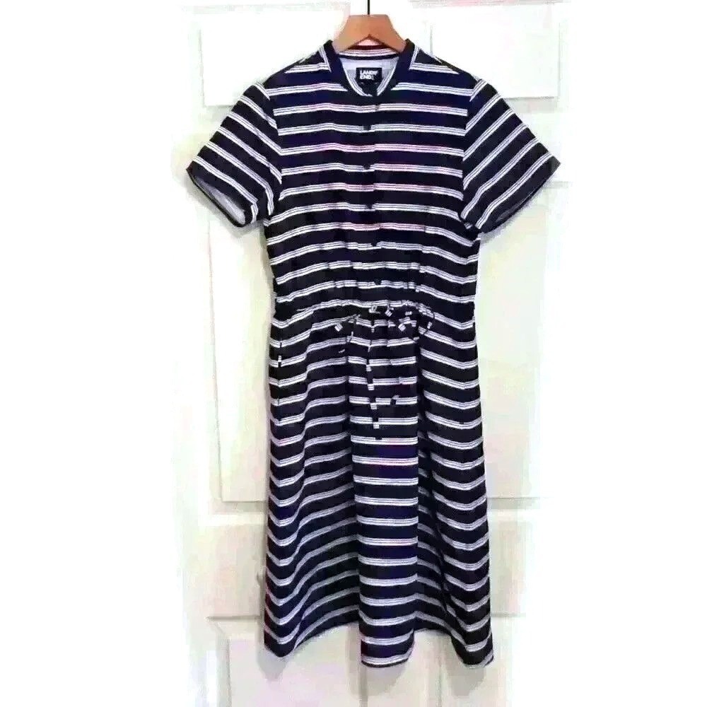 Lands' End Womens Shirt Dress Navy Blue XS Striped Short Sleeve Drawstring Waist